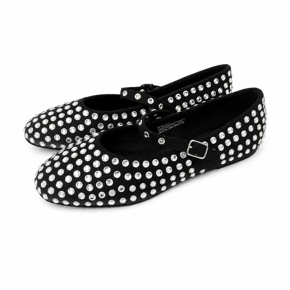 A New Day Issa Rhinestone Mary Jane Ballet Flats Black Sparkle Women Size 7.5
